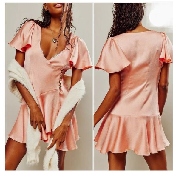 Free People Scarlett Dress Size Medium Mini Pink Peach Summer Button V-Neck NWT - Picture 2 of 16